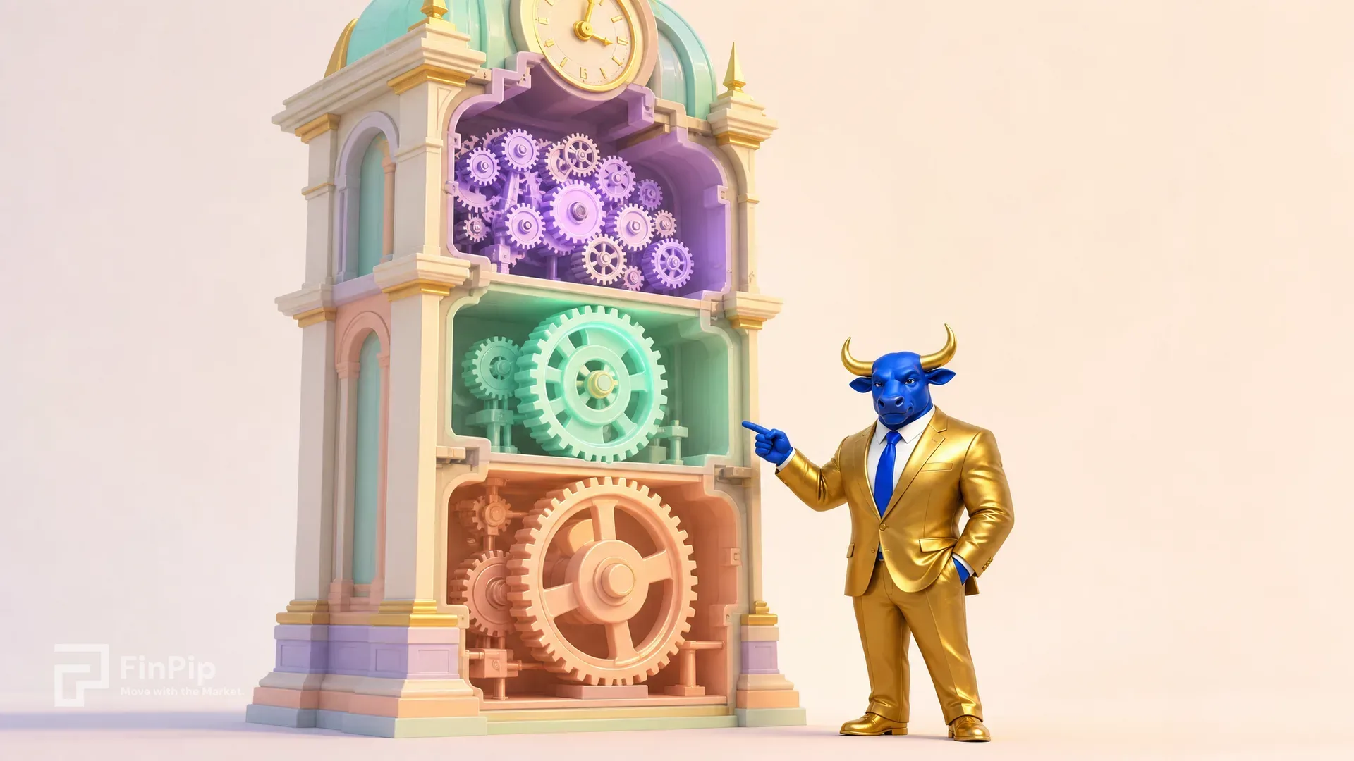 Cutaway cross-section of a pastel clockwork tower showing three gear mechanisms spinning at different speeds and levels, with the small FinPip bull mascot pointing at the middle gear.