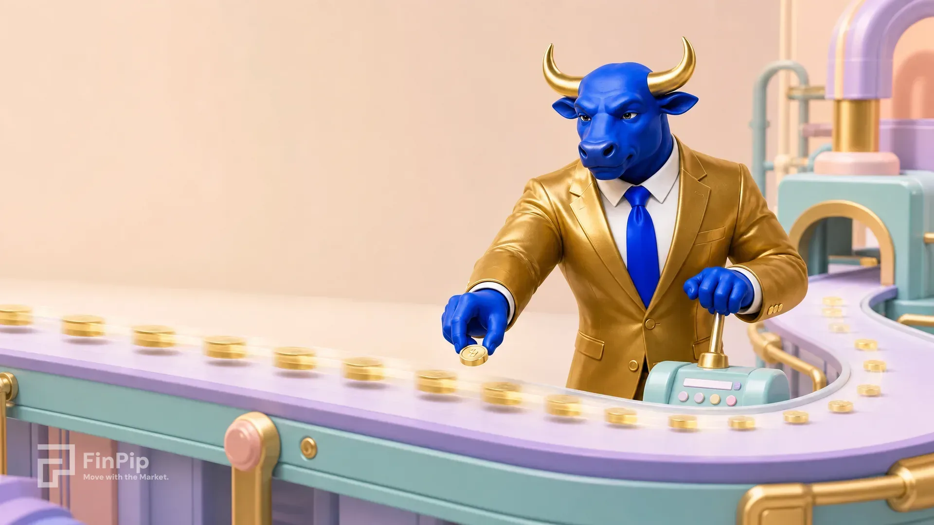 A fast pastel conveyor belt with a motion-blurred stream of small shrinking gold tokens, with the small FinPip bull mascot plucking one token off the belt at a control lever.