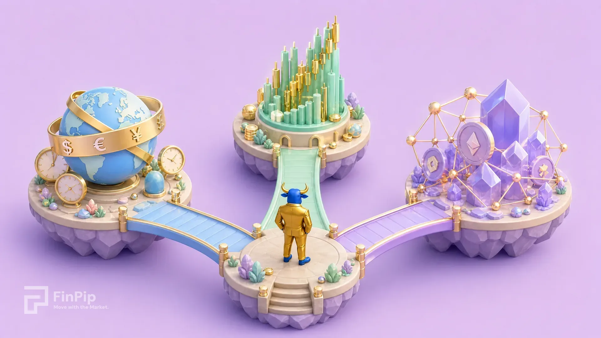 Three glowing market arenas — a currency globe for forex, a rising chart pillar for stocks, and a crypto token — with FinPip's blue bull mascot weighing the choice.