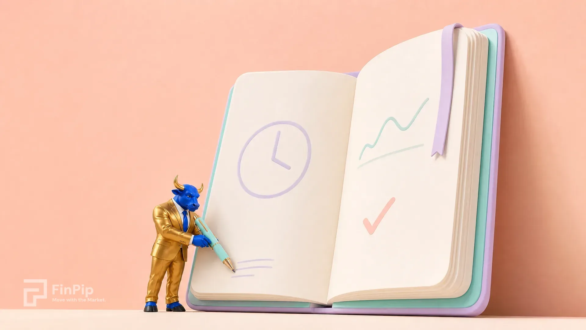 Low-angle shot of an oversized open pastel notebook standing against a wall, with the FinPip bull mascot calmly writing in it.