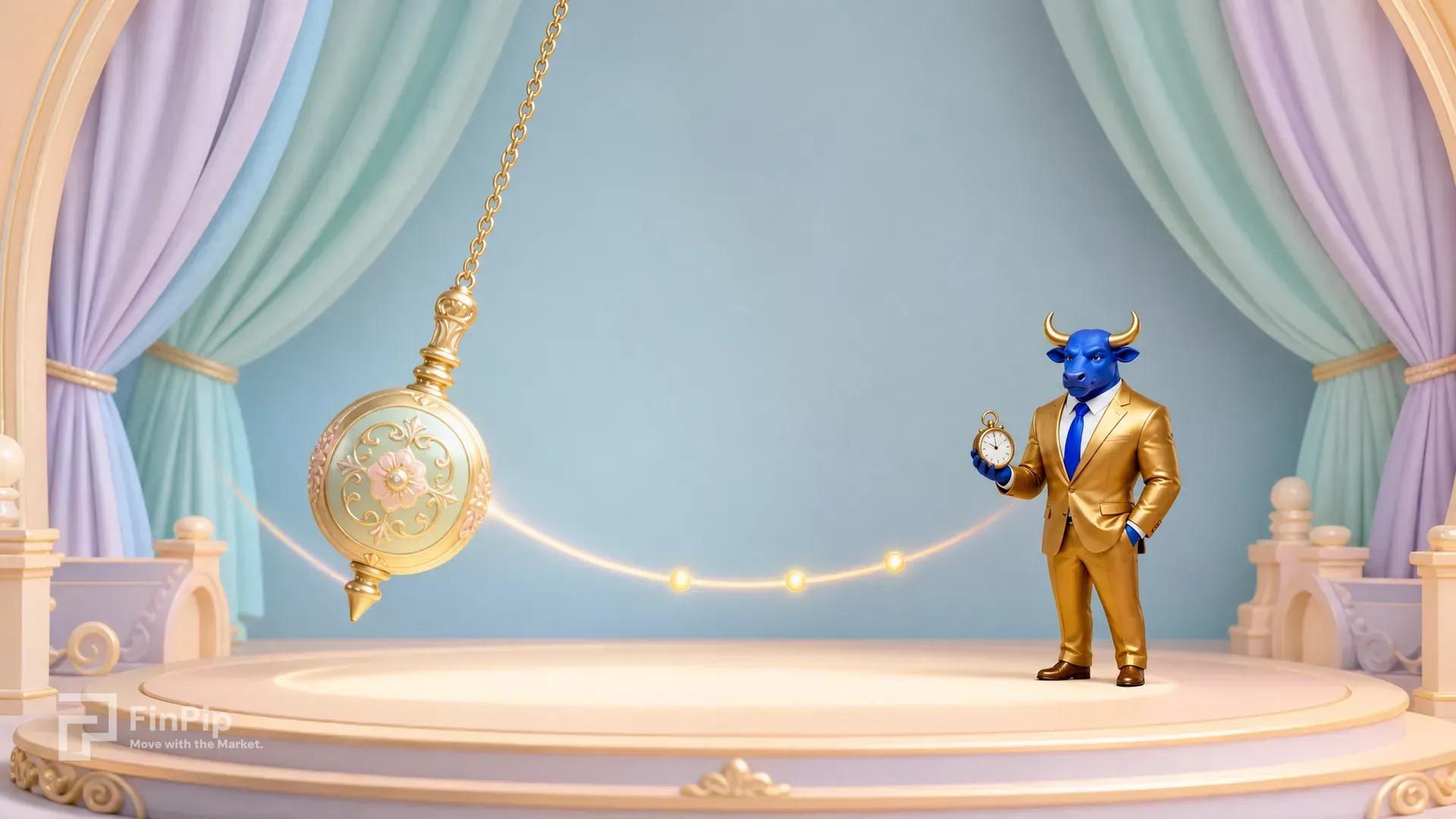 Pastel 3D theatre-stage scene of a large pendulum swinging with a glowing golden arc trail, marked with entry points, while the small FinPip bull mascot times it with a pocket watch at the side.