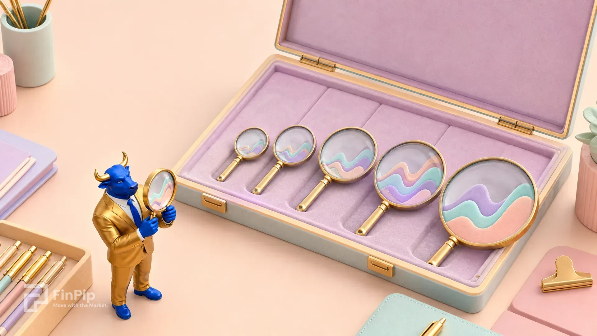 Pastel 3D top-down scene of an open toolbox with a graduated set of magnifying lenses of different sizes, and the small FinPip bull mascot holding one lens up to compare it with the others.