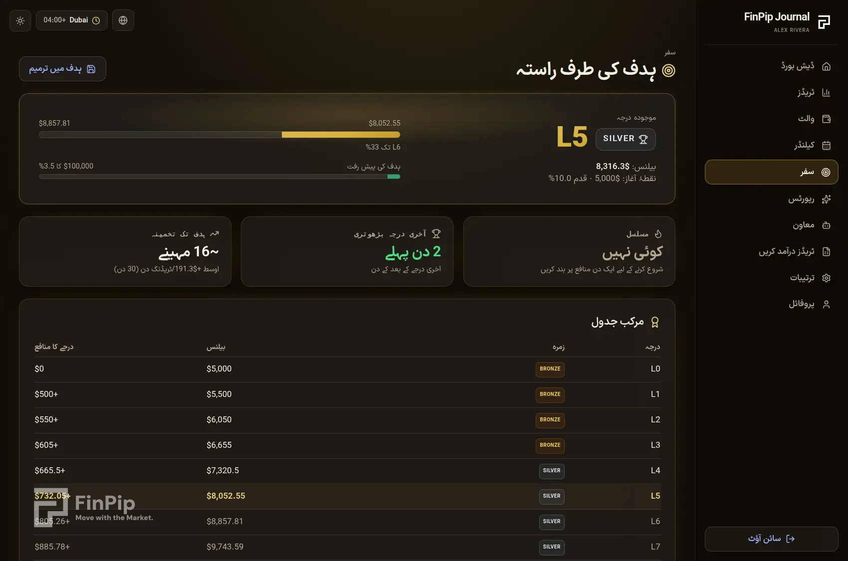 FinPip Journal سفر صفحہ: درجات کی سیڑھی اور ہدف کی پیش رفت