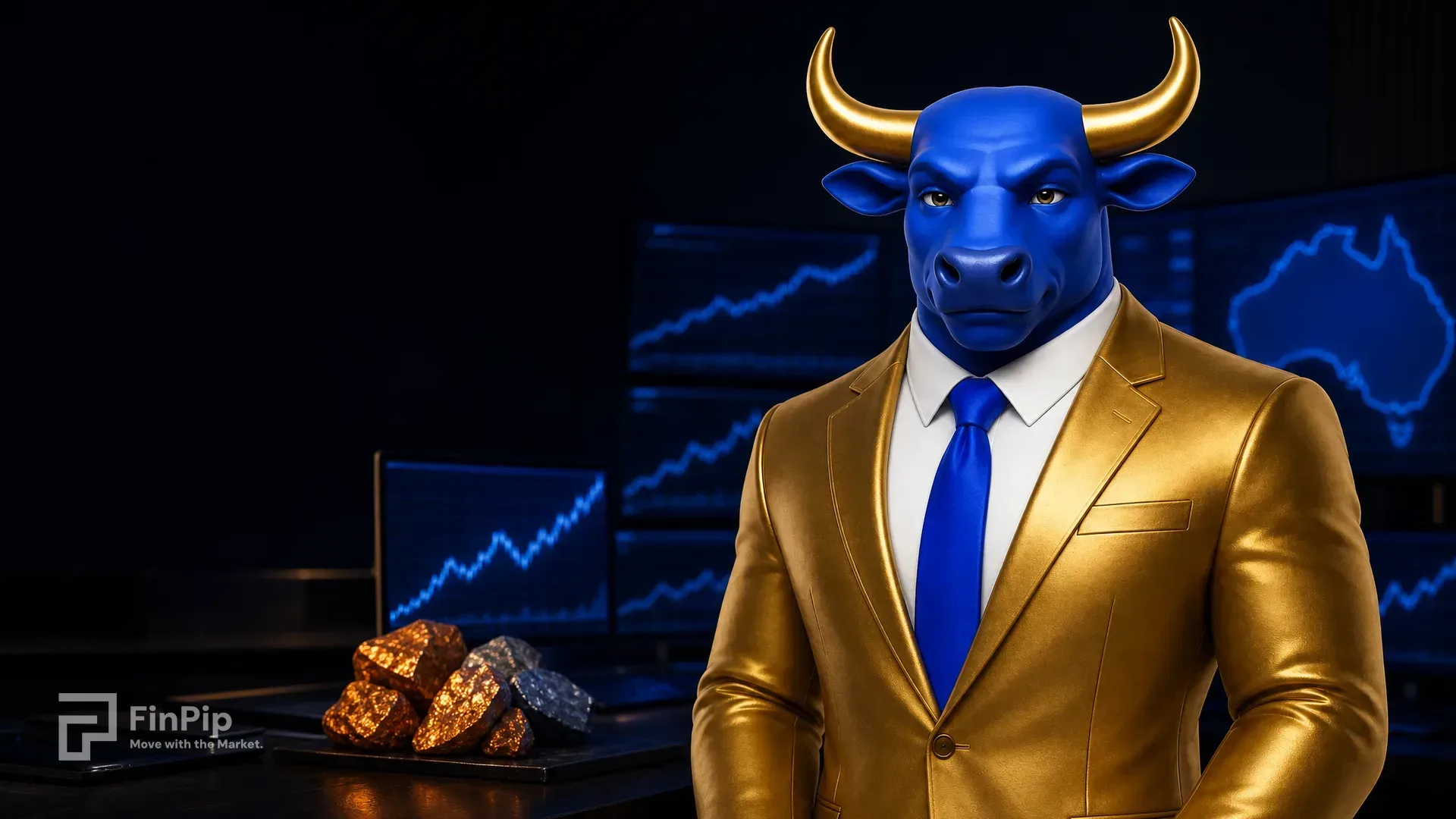 FinPip's blue bull mascot in a gold suit at a glowing FX terminal, holding a glowing gold Australian dollar symbol beside iron-ore chunks and metal ingots, with a faint outline of Australia and a China trade route on the screen, in deep navy and emerald tones, illustrating what drives AUD/USD