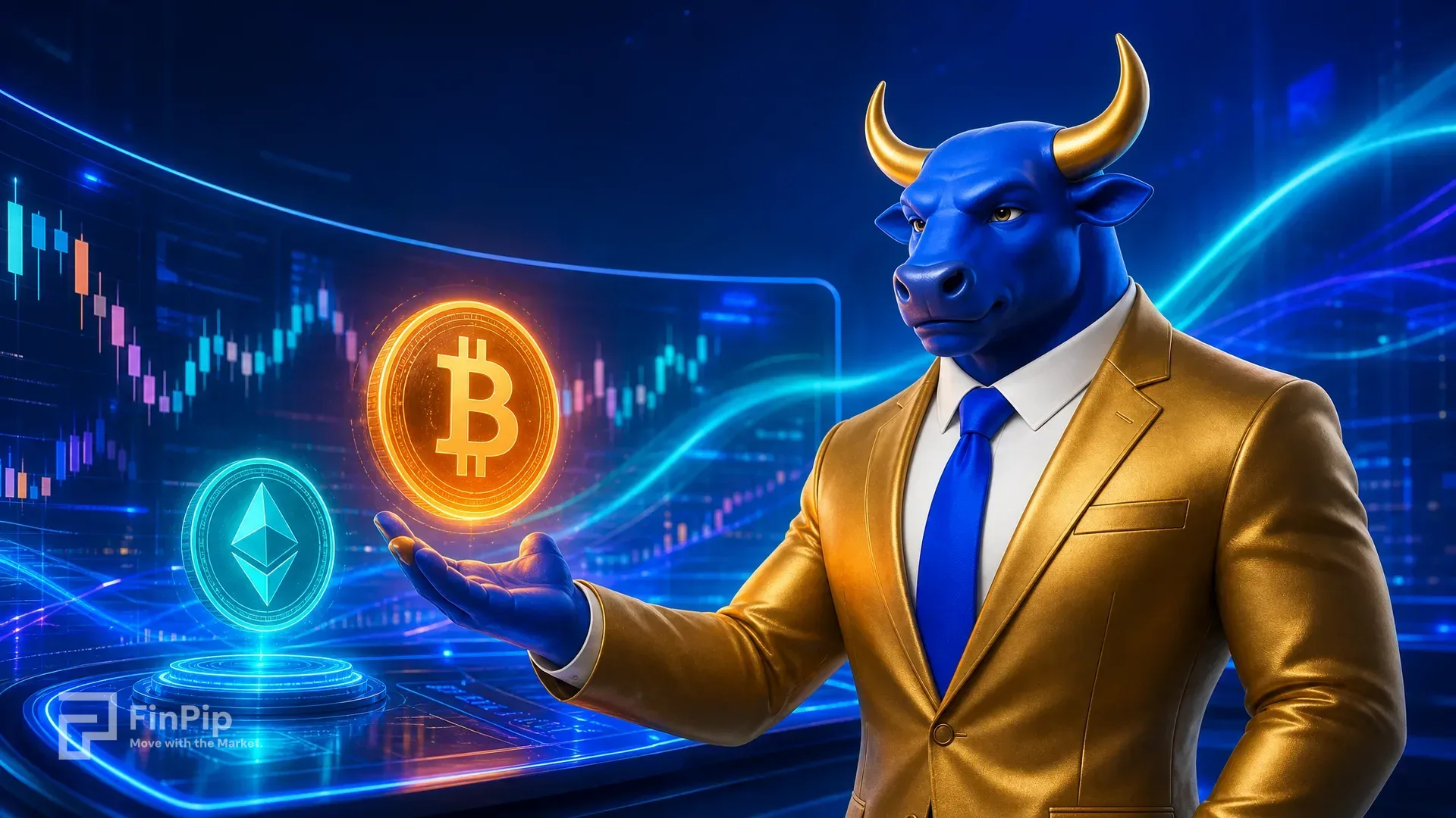 FinPip's blue bull mascot in a gold suit studying a vivid electric-blue and teal crypto dashboard with a glowing orange Bitcoin symbol and neon price streams, illustrating how crypto trades the macro