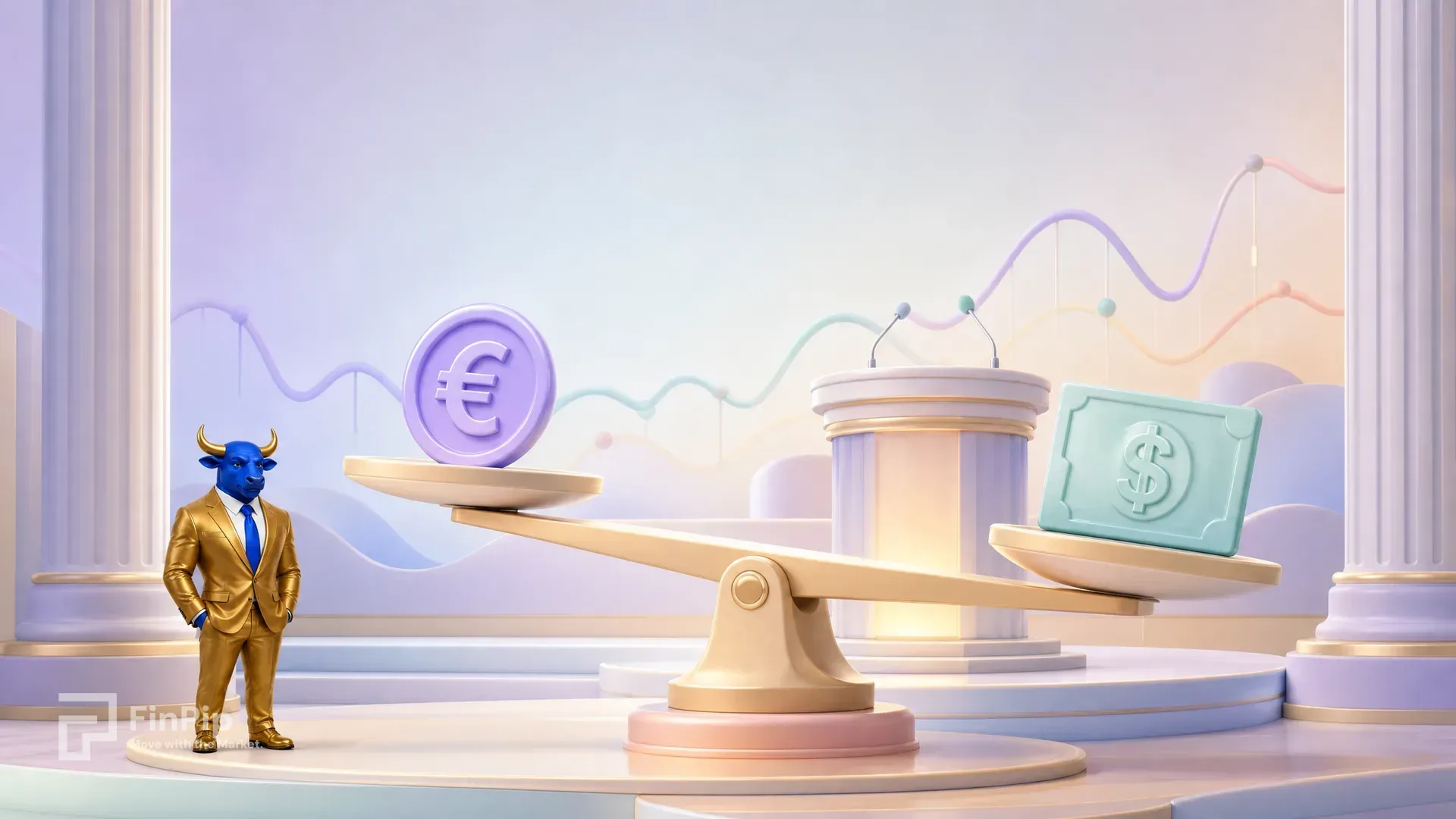 A pastel European Central Bank stage with a euro token and a dollar token balanced on a tilting beam, FinPip's blue bull mascot watching, illustrating EUR/USD ahead of the ECB's July decision
