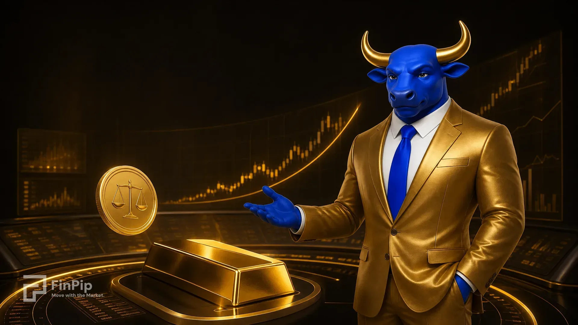 ثور FinPip الأزرق ببدلة ذهبية أمام شاشة تداول معادن نفيسة متوهجة ليلًا، مع سبائك ذهب مصقولة وعملة ذهبية ولمسة من رمز ميزان، بألوان ذهبية شامبانية وكهرمانية دافئة، تجسيدًا لتوقعات الذهب