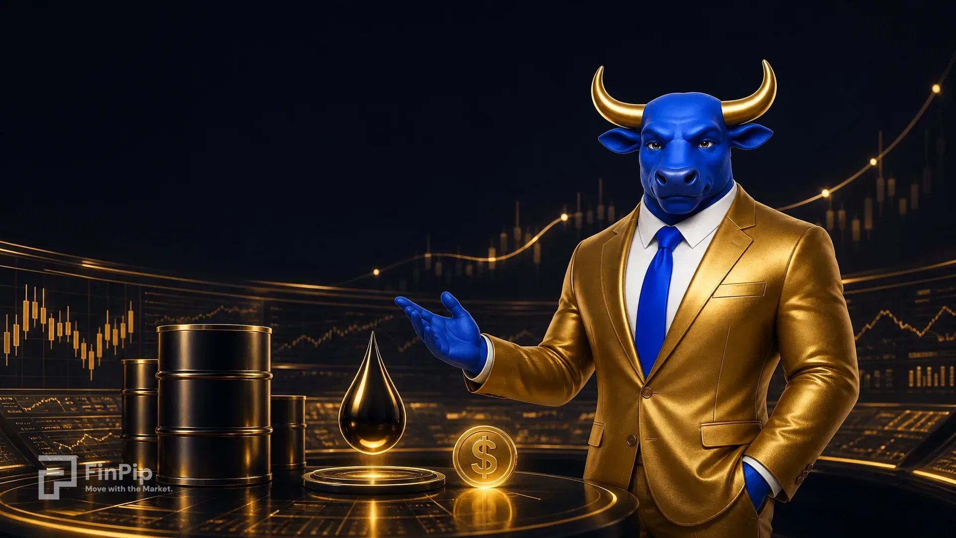 FinPip's blue bull mascot in a gold suit at a glowing commodities trading terminal at night, sleek crude-oil barrels and an oil droplet with a dollar coin nearby, in deep navy with champagne-gold accents, illustrating the crude oil outlook