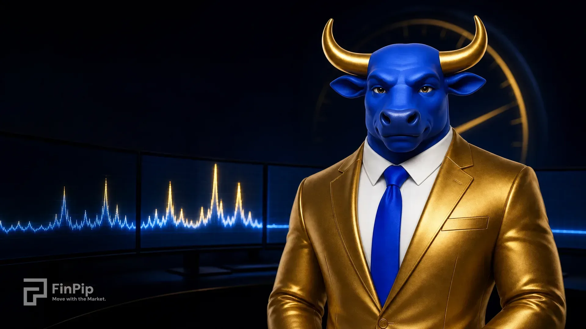 FinPip's blue bull mascot in a gold suit at a dark trading desk, screens glowing with a spiky volatility waveform peaking then flattening beside a faint gauge dial, illustrating how the VIX fear gauge shapes markets