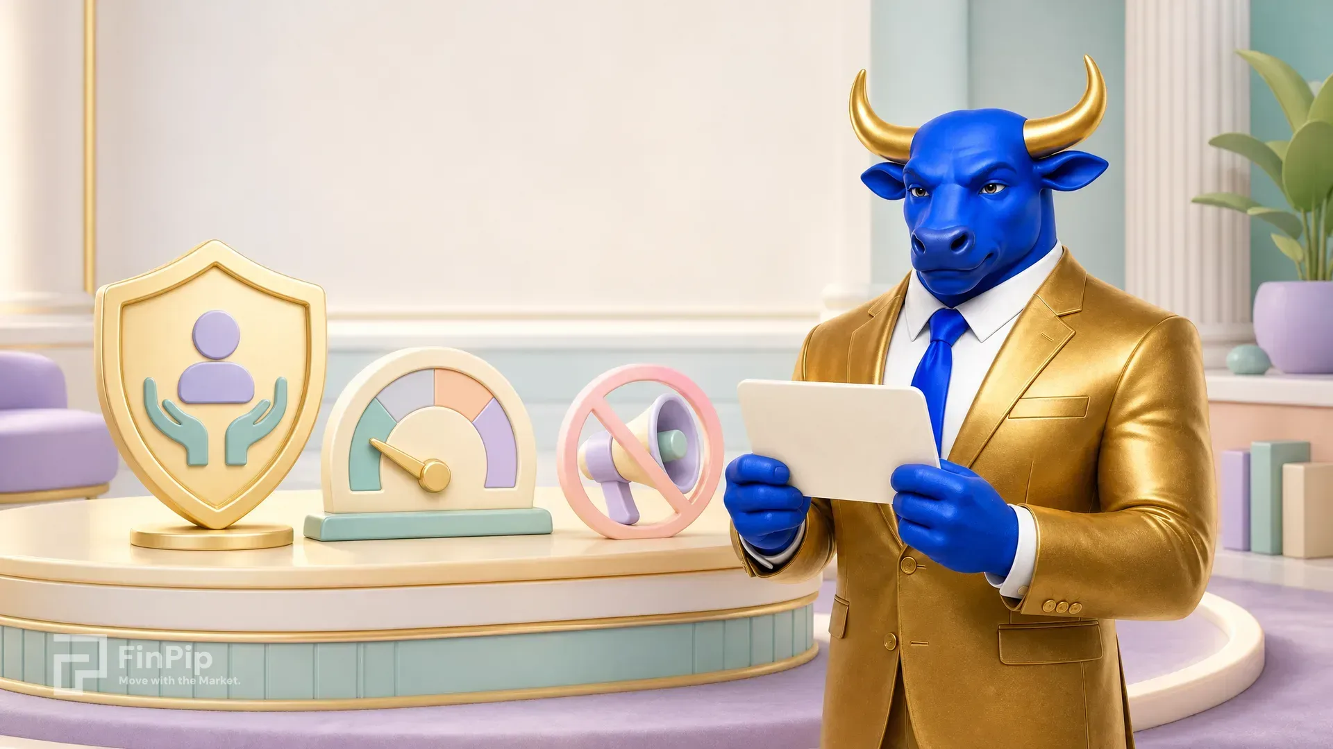 A pastel regulator's desk with a shield, a leverage dial turned down and a muted social-media megaphone, FinPip's blue bull mascot reviewing a broker licence, illustrating tighter oversight of retail CFD trading