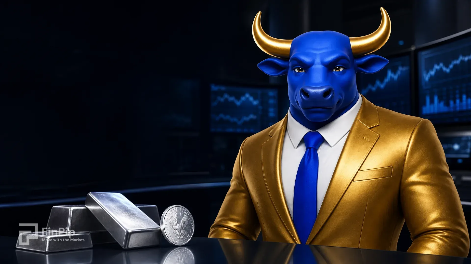 FinPip's blue bull mascot in a sharp suit at a glowing precious-metals trading terminal, a polished stack of silver bars and a silver coin with a subtle solar-panel and circuit motif, in cool silver-grey and steel-blue tones, illustrating the silver outlook