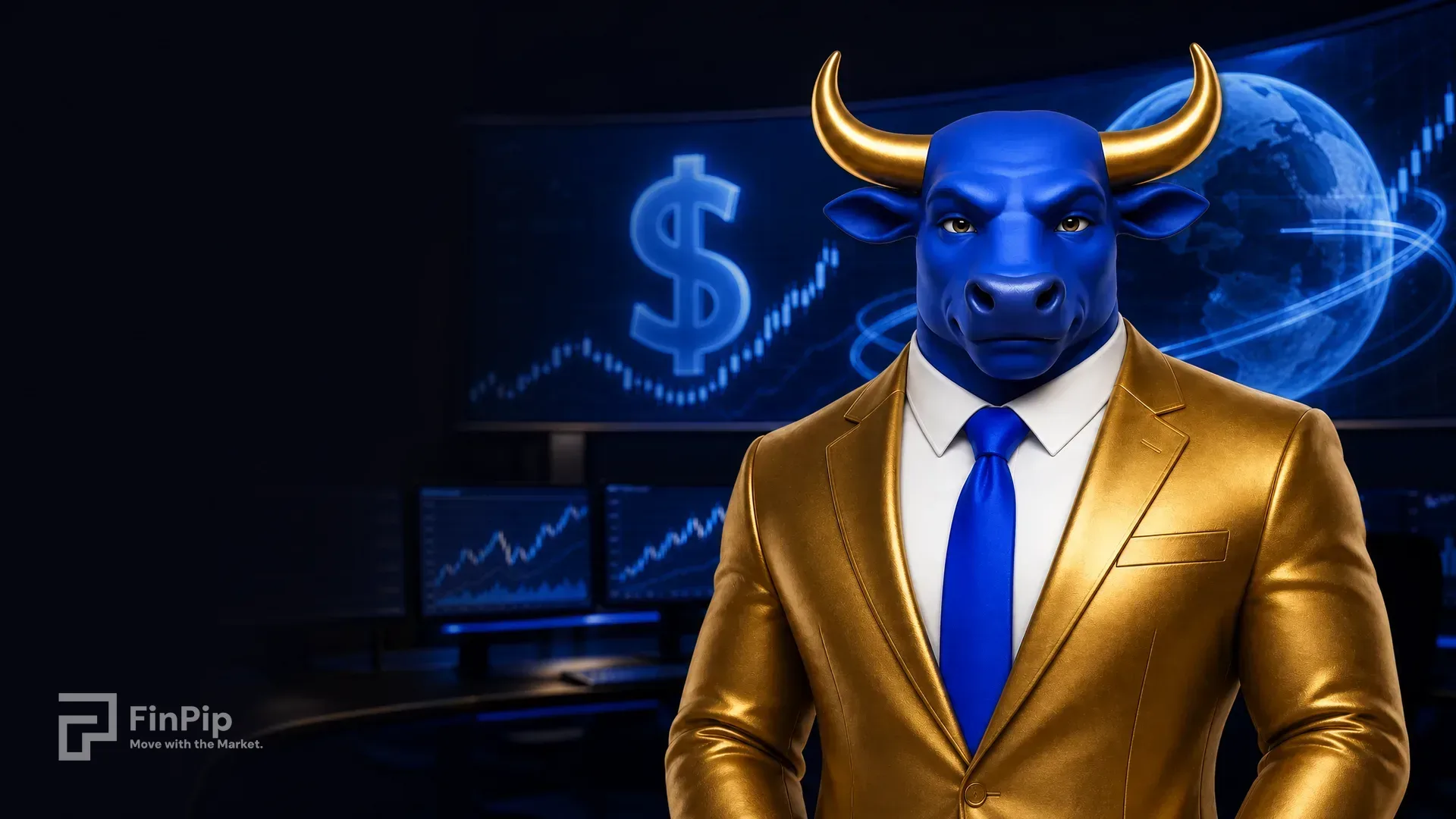 FinPip's blue bull mascot in a sharp business suit at a currency trading terminal, a large glowing US dollar symbol and a world-currency ring floating above the screens, in cool blue and green tones, illustrating the US dollar outlook
