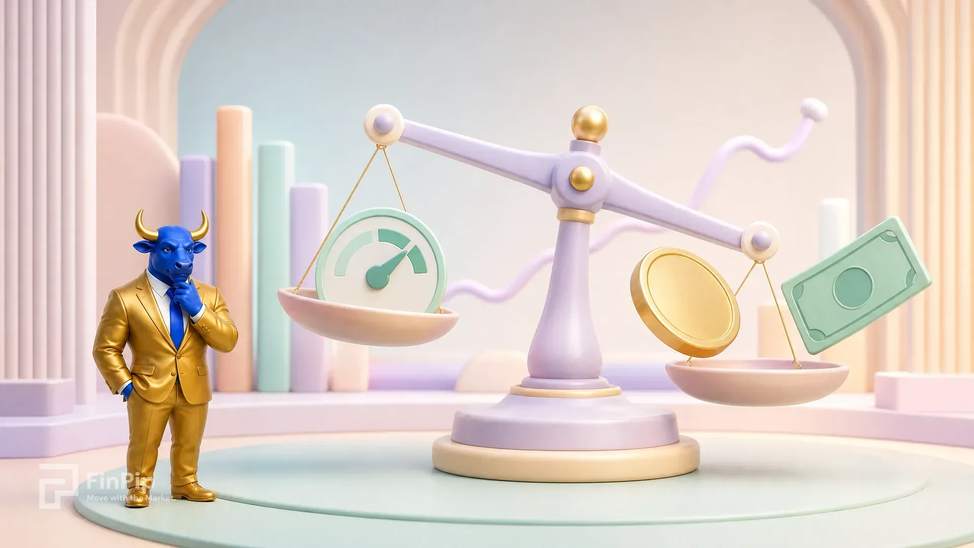 A pastel scale weighing an inflation gauge against market tokens for the dollar and gold, with FinPip's blue bull mascot watching, illustrating the June US CPI report as the key catalyst for markets