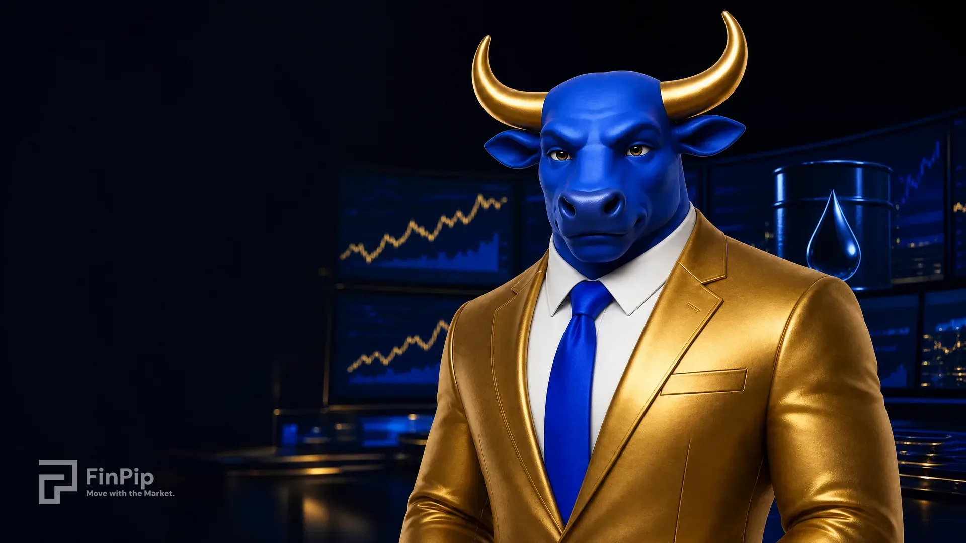 FinPip's blue bull mascot in a gold suit at a dark trading desk, screens glowing with charts and a faint oil-barrel silhouette catching blue light, illustrating the USD/CAD outlook driven by oil and the Bank of Canada